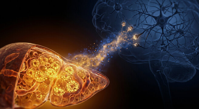 Fatty inflamed liver linked to fading brain synapses, showing lipid droplets, swollen sinusoids, and metabolic particles.