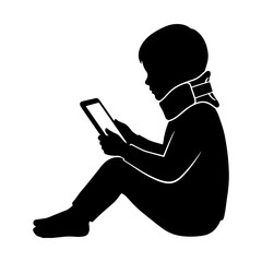 Silhouette of a child in a neck brace using a tablet