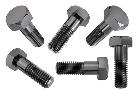 Black Metal Hex Bolts in Multiple Angles. Isolated 3D Render.
