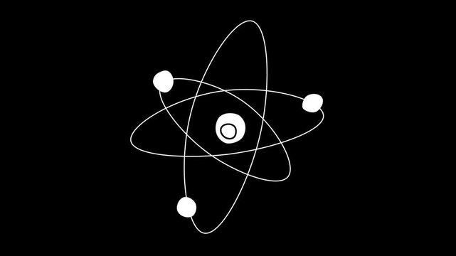 White line art atom animation. Electrons orbit a nucleus on a black background. Perfect science, physics, and educational themes.