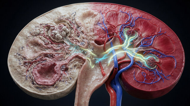 kidney cutaway with fibrotic scar tissue, damaged glomeruli, narrowed capillaries, and impaired filtration
