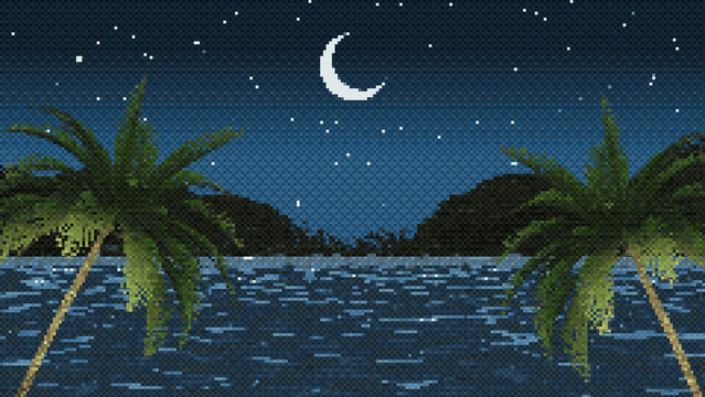 8-bit pixel tropical illustration with a panorama of a tropical island and palm trees