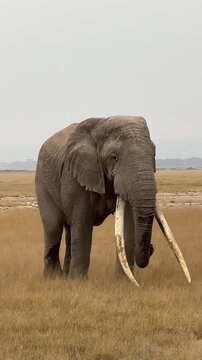 African Elephant Big Tusker Walking Across Savanna Landscape
