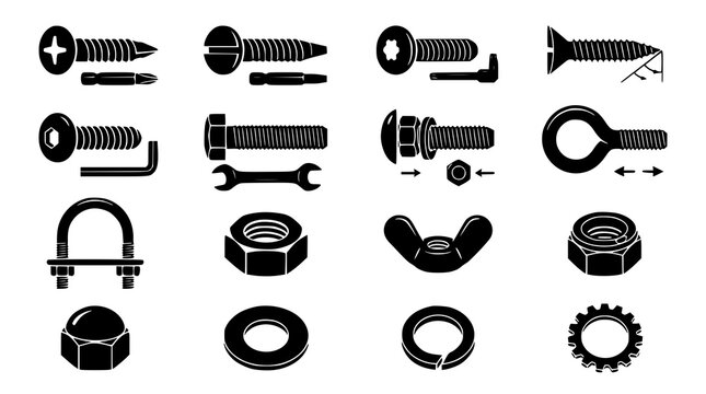 Industrial Screws Nuts Bolts Washers Mechanical Fastener Black Vector Collection 16
