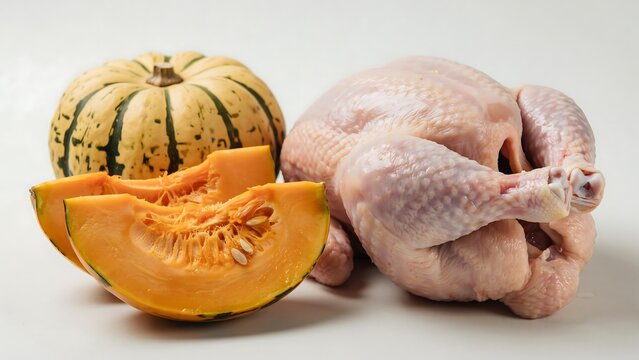 Fresh whole pumpkin and sliced pieces on a table isolated on white background