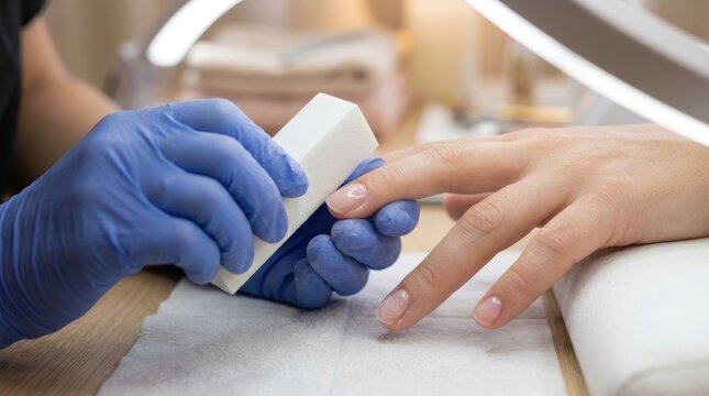 Professional manicurist in blue gloves shaping fingernails with a nail buffer during a beauty treatment in a salon