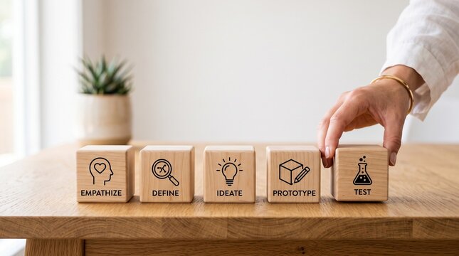 Design thinking process on wooden blocks, empathize define ideate prototype test icons, creative problem solving concept for business
