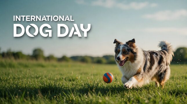 International Dog Day poster with happy dog playing outdoors