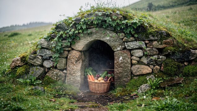 Fresh harvest vegetables fill a wooden basket placed at the stone entrance of a grassy root cellar.