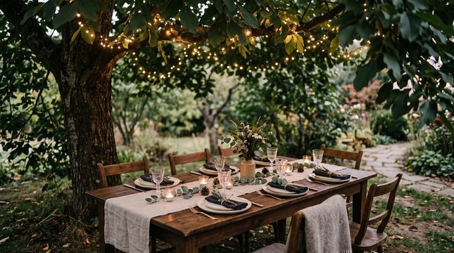 Festive outdoor dinner table set under twinkling fairy lights in a garden