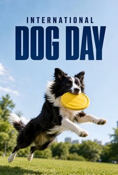 International Dog Day poster with playful dog running outdoors