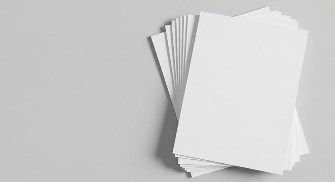 A stack of blank white A4 paper sheets arranged neatly on a smooth light grey background for office stationery mockup