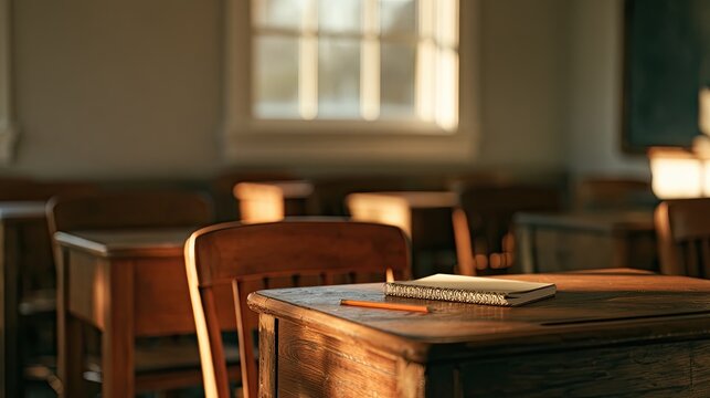 Sunlight streams into an empty vintage classroom with wooden desks