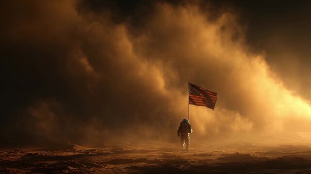 An astronaut raises a flag while exploring a dusty alien landscape during a space mission in a distant location