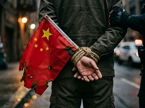 Bound Hands Behind Back with Chinese Flag. Political repression, human rights concerns, censorship, detention, authoritarianism, geopolitical tension, and international conflict. For politics, global