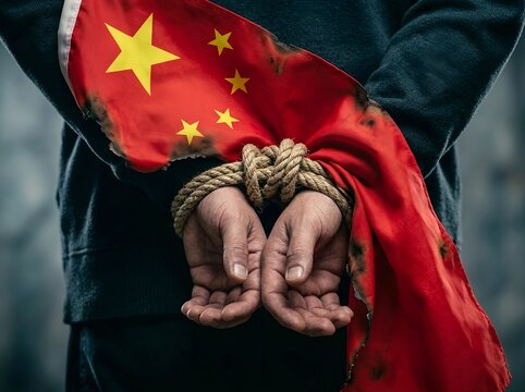 Bound Hands Behind Back with Chinese Flag. Political repression, human rights concerns, censorship, detention, authoritarianism, geopolitical tension, and international conflict. For politics, global