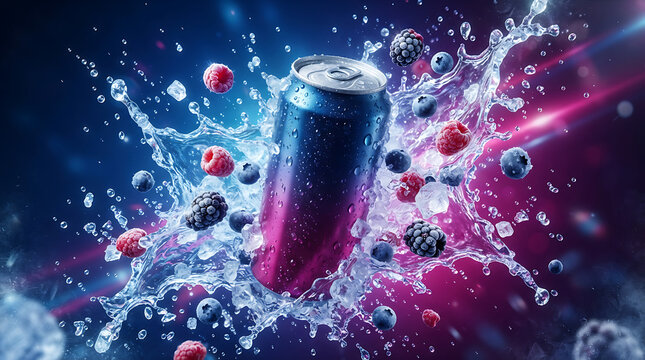 Cold energy drink can with water splash and fresh forest berries in a dark blue and purple neon light background