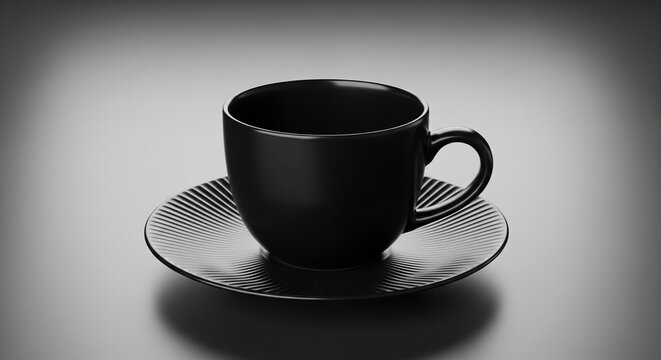 Elegant matte black coffee cup and saucer set on a dark moody background for high end beverage presentation and cafe marketing