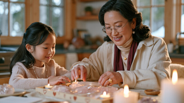Crystal therapy practitioner family seated in a quiet rural kitchen, grandmother and grandchild arranging rose quartz and selenite on a wooden tray set with candles and heart