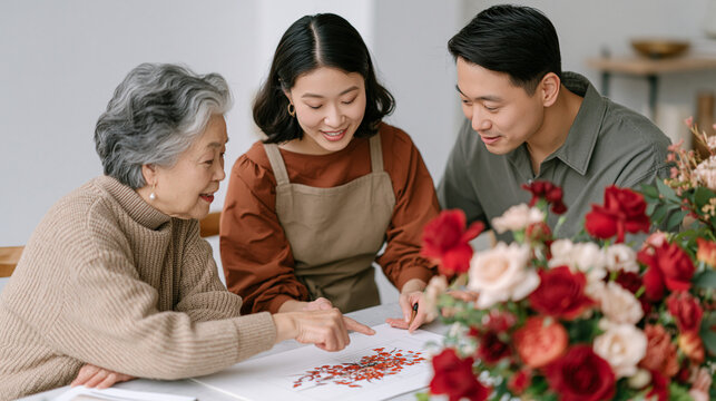An event planner presenting a Valentines Day red rose centerpiece concept to an intergenerational client family in a minimal white studio, grandmother pointing at a sketched