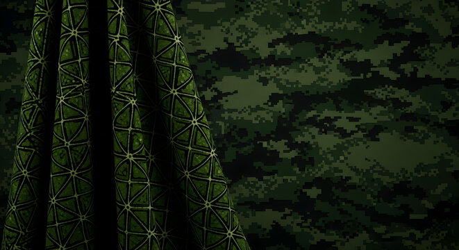 Abstract green fabric with geometric pattern draping over a digital camouflage background