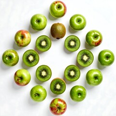 Fototapeta premium Fresh green apples and kiwi fruits arranged on white background.