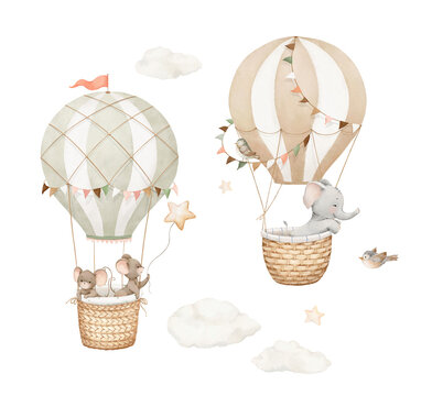 Cute animals fly in clouds on beautiful air balloons in wicker basket. Watercolor set of cartoon characters and design elements for your wallpapers, mural in kids room, adventure elephant and mouses