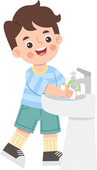 Cartoon Illustration of a Boy Washing Hands