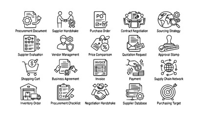 Fototapeta premium Procurement editable line icon set featuring strategic sourcing B2B purchasing supplier management contracts negotiation and supply chain symbols