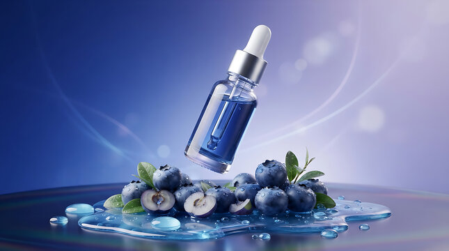 Blueberry face serum bottle with fresh berries and water splash on a soft blue background for organic skincare advertisement