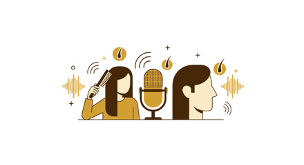Fototapeta premium ASMR Concept Illustration Featuring Woman Brushing Hair with Microphone and Sound Waves