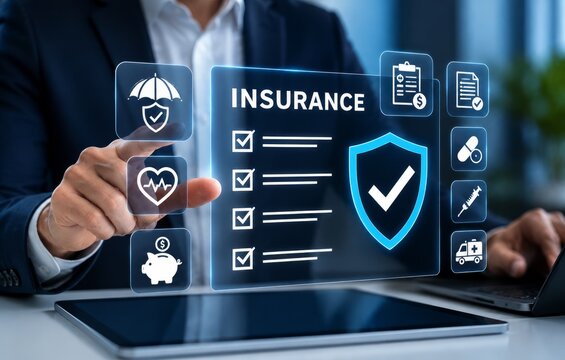 Digital Insurance Management Platform with Businessman Using Tablet for Policy and Claims Processing