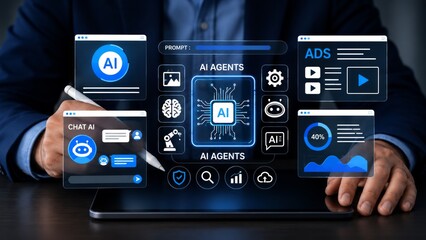 Fototapeta premium Futuristic AI Agent Technology Interface with Digital Data Visualization, Business Innovation, Intelligent Communication and Advanced Technology