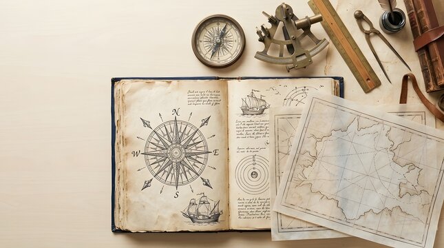 Top View of Antique Nautical Navigation Tools, Vintage Maps, and an Open Old Book with a Compass Rose Sketch on a Light Wooden Surface