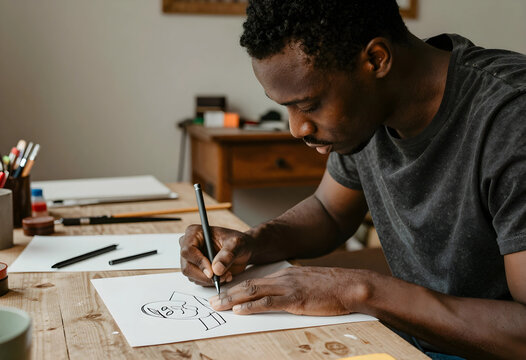 Creative process and artistic expression, african american man drawing cartoon character on paper at home studio desk