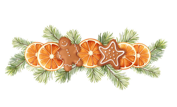 Hand-drawn Christmas gingerbread dried orange pine branch arrangement