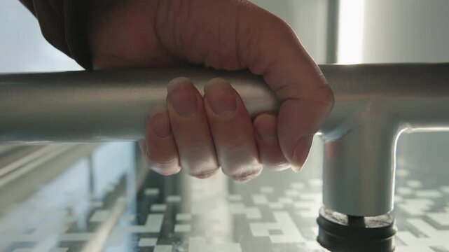 Hand curls around horizontal metal rail, applying steady downward pressure in modern indoor setting, with frosted glass floor, window light, reflections and architectural detail, with hand, grip