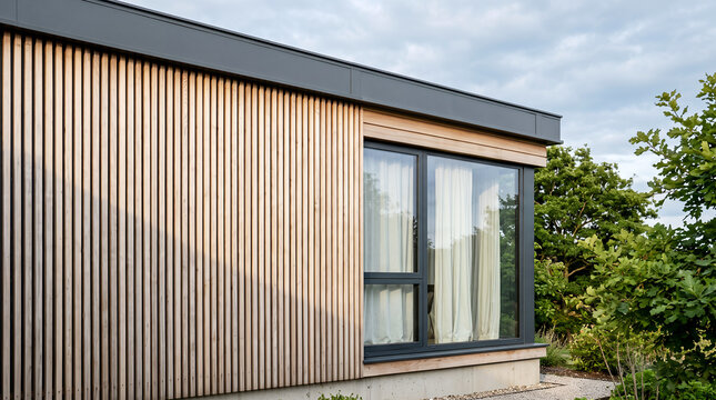 Minimalist Modern Wooden House with Vertical Slat Facade and Large Glass Window