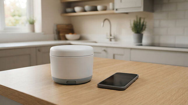 Modern white smart speaker and black smartphone sitting on a wooden kitchen counter in a bright home interior