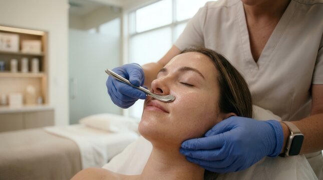 Professional cosmetologist performing dermaplaning facial treatment stock photography