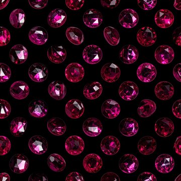 Seamless pattern with glowing red ruby crystals and gemstone minerals on black background