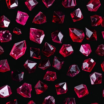 Seamless pattern with glowing red ruby crystals and gemstone minerals on black background