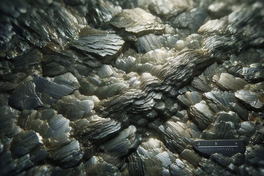 Extreme macro texture of sericite rich rock revealing shimmering microscopic mineral mica flakes