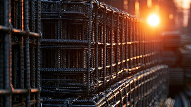 Stacked metal grids with warm sunset light glinting off surfaces