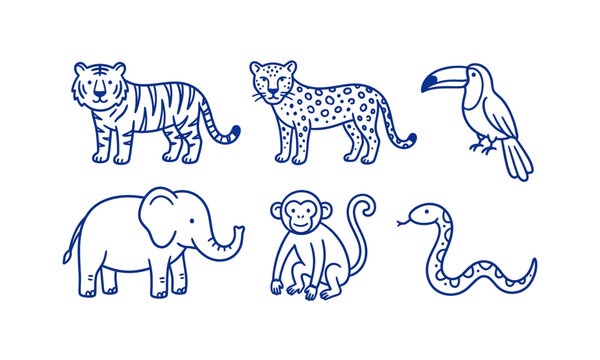 Set of cute jungle animal vector illustrations showcasing a hand drawn style with blue lines on a white background including a tiger leopard toucan elephant monkey and a slithering snake
