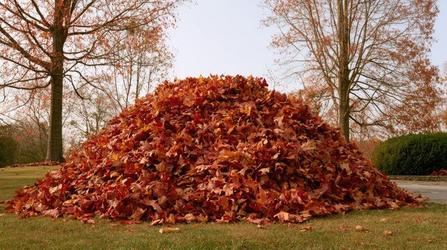Large pile of fallen red and orange autumn leaves on green grass
