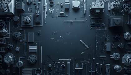 Fototapeta premium An overhead composition displays a dark workspace filled with mechanical components and circuitry