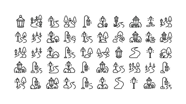 Collection of minimalist street lamp and park scene icons isolated designs