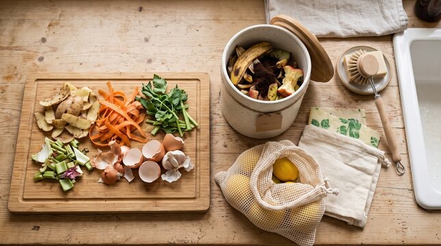 Kitchen composting setup with food scraps and reusable bags