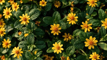 Obraz premium A lush groundcover of vibrant yellow daisy-like flowers amidst dense green foliage